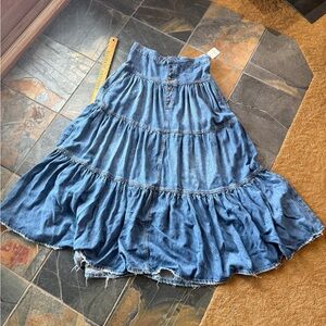 Free People Washed Denim Tiered Maxi Skirt - Blue